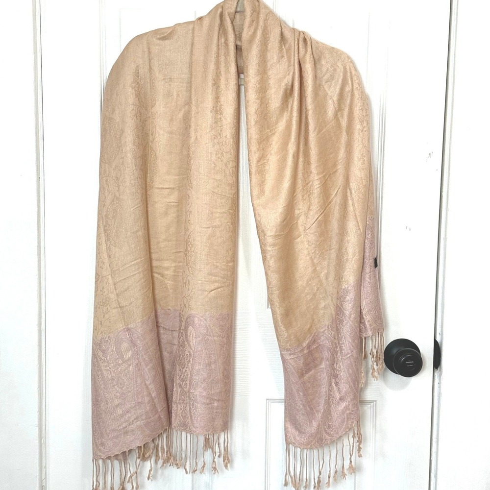 Laraib 100% Pashmina Paisley Shawl Scarf Tan Lavender Two Tone Fringe Wrap